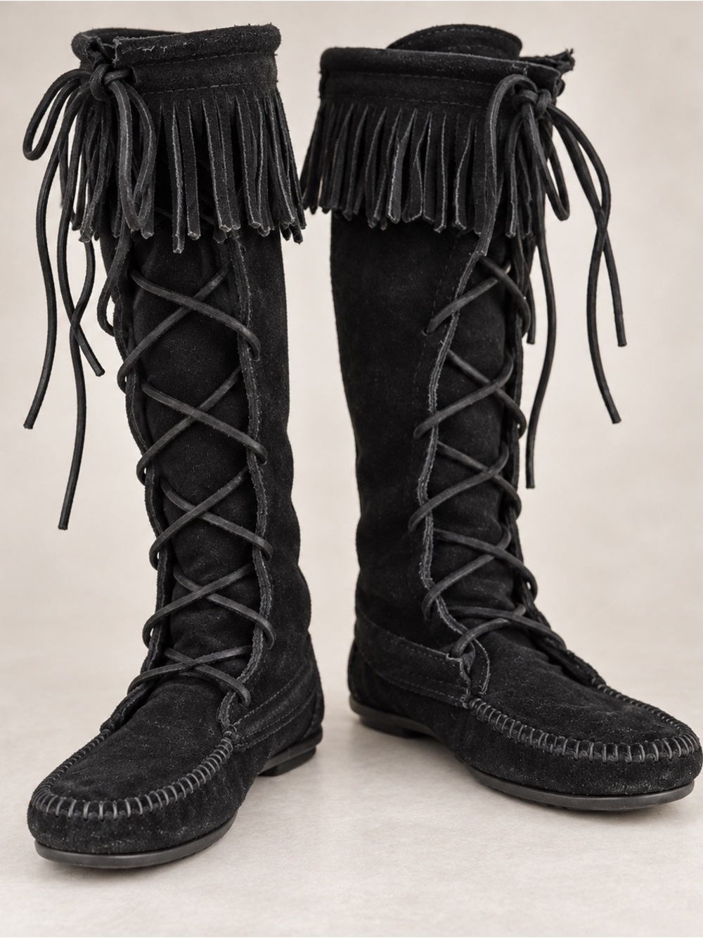 New Minnetonka Black Suede Fringe Lace-Up Knee Boots
